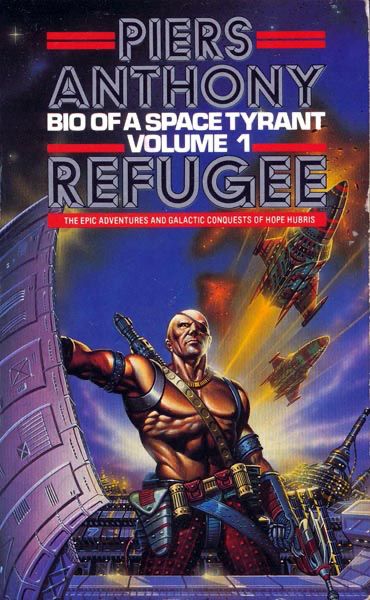 Cover for Bio of a Space Tyrant. Muscle man with eye-patch stands in the cockpit (I think) of a spaceship while others spaceships fly overhead. 