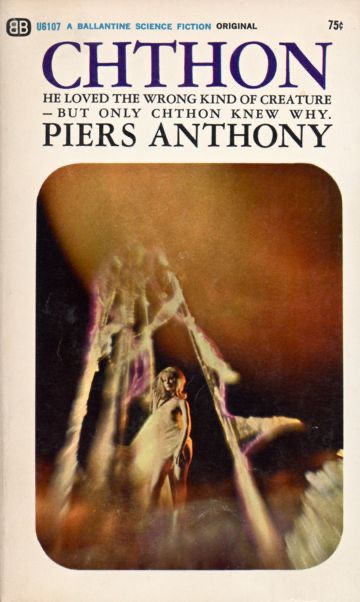 Cover for Chthon. Woman stands amongst three stick-like pillars. There is a sphere in the background.