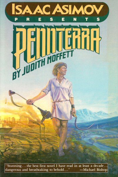 Cover for Moffett's Pennterra. Man in lite jacket.skirt stands with a sickle in one hand and a mechanical sickle in the other (it's an urban expanse behind one side and a utopian rural landscape on the other).