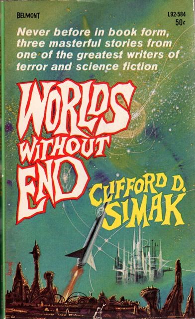 Cover for Worlds Without End. A rocket launches from a rocky landscape. There's a few small human forms, the cosmos in the background, and a city.