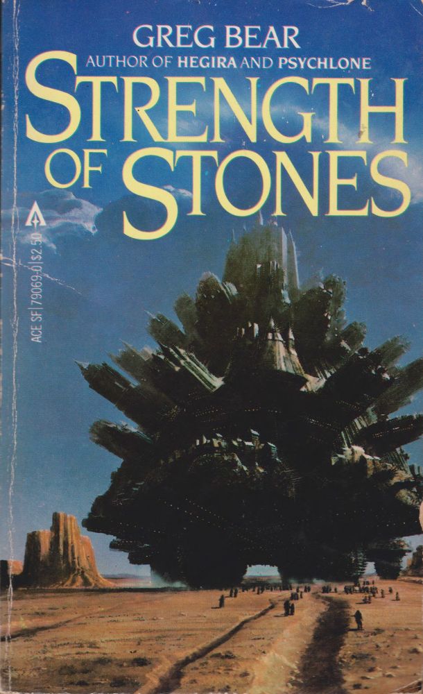 Cover for Bear's Strength of Stones. Massive turtle-like city moves across desert. Various human figures at its base. 