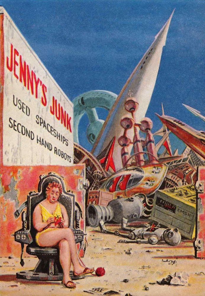 Cover illustrates Jenny's Junk yard -- used spaces ships and second hand robots. The titular Jenny sits on a captain's chair, behind here is a junkyard with crushed robots, floating cars, spaceships, etc.