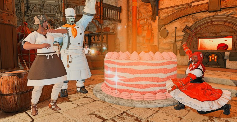Timid showcasing a large strawberry cake that she made with Lyngsath cheering for her, while Diving Dove is both shocked and concerned with how the cake is going to be devoured. 