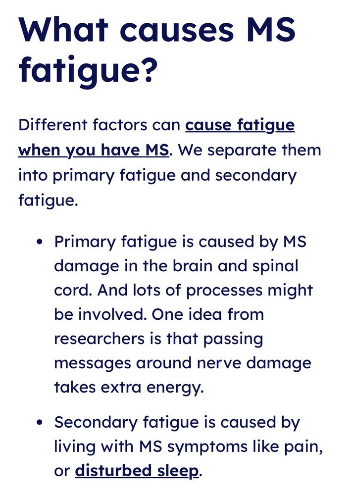 Black text on white background explaining how primary and secondary fatigue manifest in those with MS