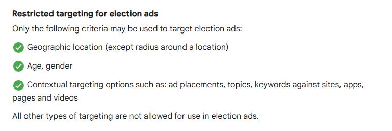 Screenshot from Google's election advertising information page, which lists allowed targeting options.