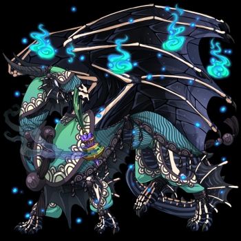 Isleen the guardian dragon from the online game site flight rising.
A black dragon with skeleton markings along her body, she wears a turquoise veil and outfit, being trailed by eerie blue fire wisps.