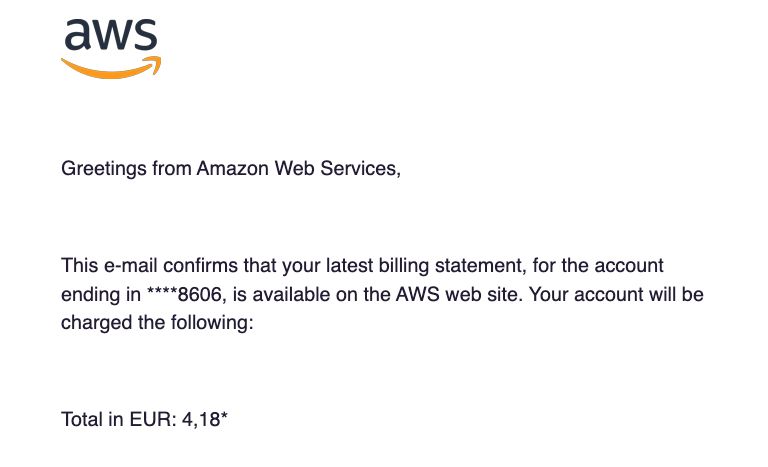 screenshot of an Amazon AWS billing email where the costs are €4,18