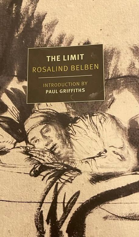 Cover of the novel, the limit by Rosalind Belben. A pen-and-ink drawing of an elderly woman lying on a bed. Her eyes are vacant, her hand resting on the pillowcase. Ominous shadows surround her.