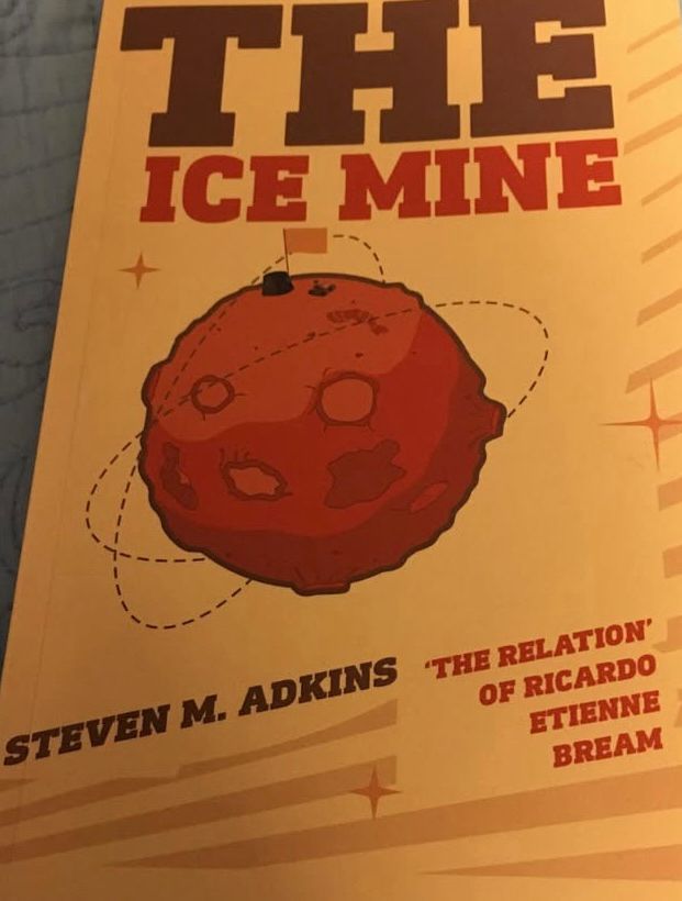 Cover of the album, the iceman by Stephen Adkins. A cratered planet with an outpost appearing near the north pole and a flag next to the outpost. Yellow background.