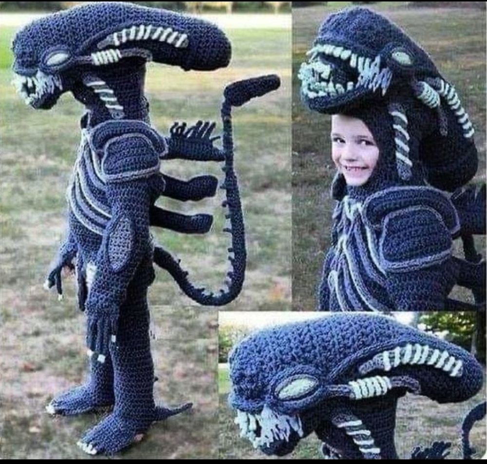 A very cool crochet xenomorph children's costume made by Stephanie Pokorny