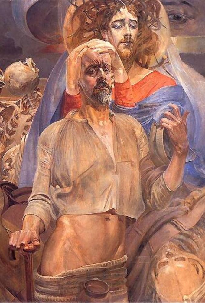 Prophecy of Ezekiel by Jacek Malczewski, 1919.. Ezekiel standing in front of Jesus with his pants pulled down