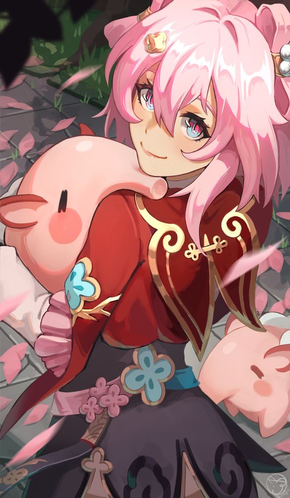 Digital paiting of honkai star rail character March 7th, in her alternate outfit for the hunt path, hugging a tuskpir
