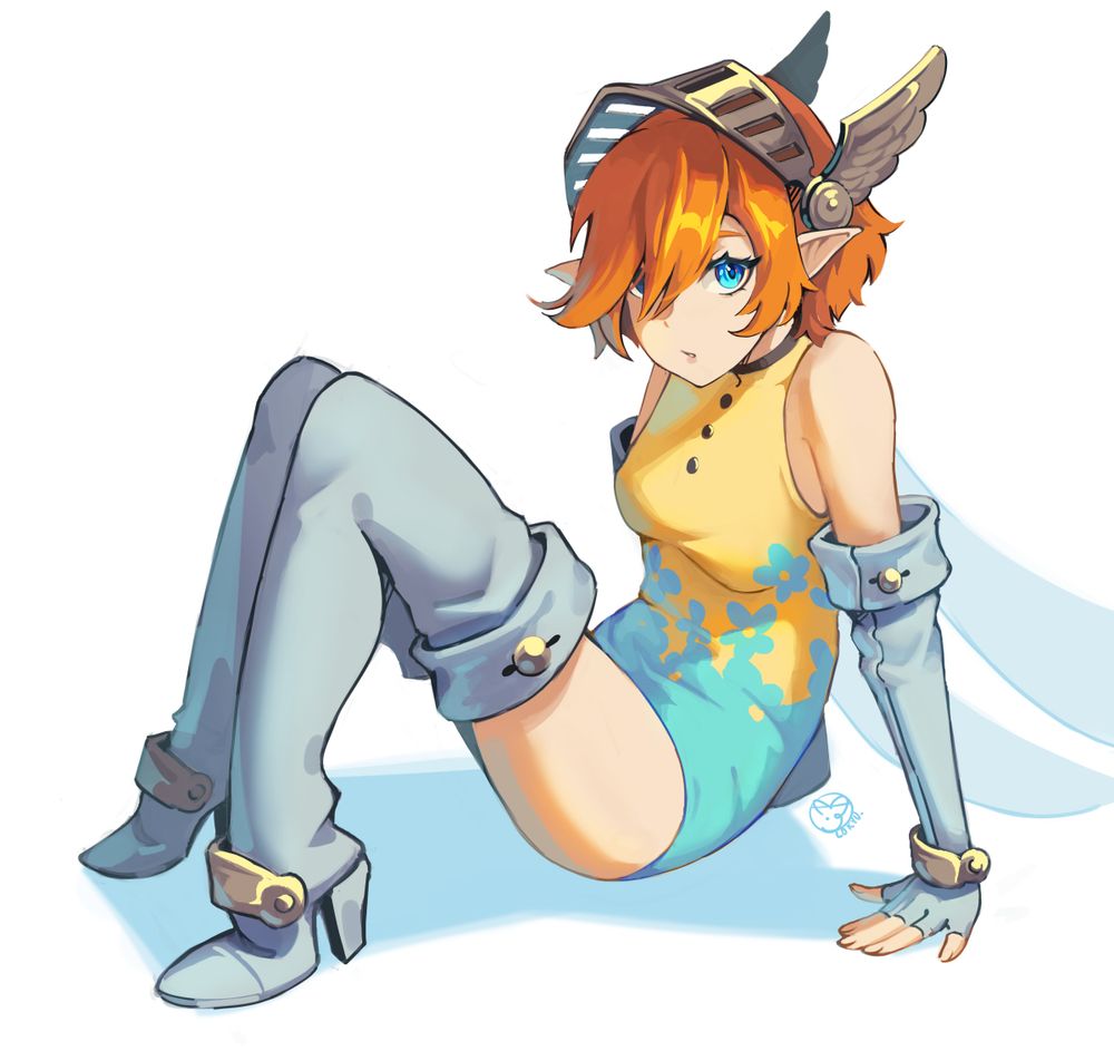 digital art of the character Gallica, from the game Metaphor: Refantazio. She's sitting while looking at expectator.