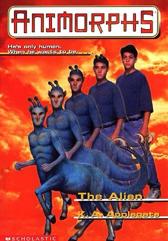 A cover of the alien by KA Applegate. 

Orange and yellow background with a blue furred, centaur like alien transforming into a human preteen in the middle. 