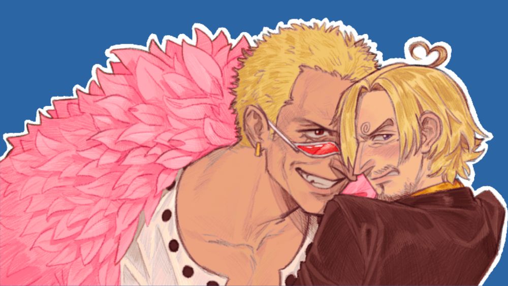 Art of Doflamingo leering menacingly at Sanji over the rim of his sunglasses, while Sanji looks away and blushes with a heart-shaped ahoge. The art was made by bubbaluz.