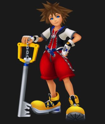 Sora, protagonist of the Kingdom Hearts series, wearing basically the same clothes I am in that other picture. pretty spot on, gotta say. I didn't nail the hair though. he's got spiky anime hair pointing in all directions. and big bulbous bright yellow shoes