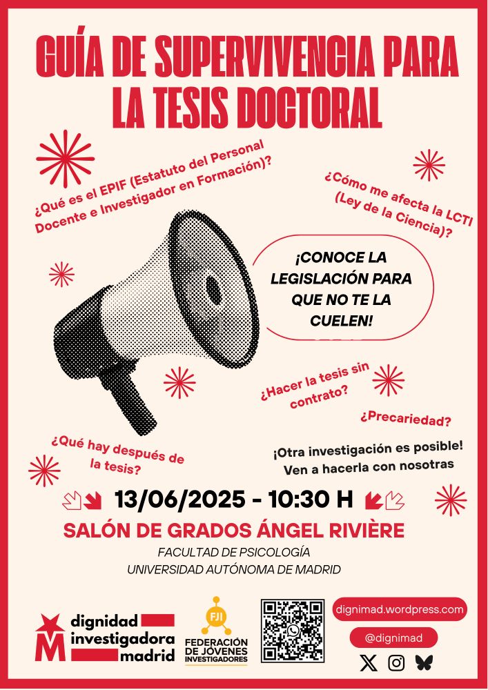 ¡CONOCE LA LEGISLACIÓN PARA QUE NO TE LA CUELEN!

¿Qué es el EPIF (estatuto del Personal Docente e Investigador en Formación)?
¿Cómo me afecta la LCTI (Ley de la Ciencia)?
¿Qué hay después de la tesis?
¿Hacer la tesis sin contrato?
¿Precariedad?

¡Otra investigación es posible! Ven a hacerla con nosotras.