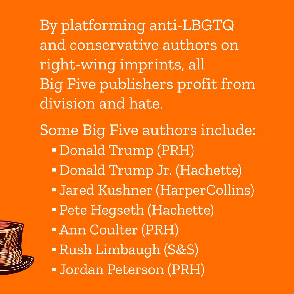 Text: By platforming anti-LGBTQ and conservative authors on right-wing imprints, all Big Five publishers profit from division and hate. Some Big Five authors include: Donald Trump (PRH), Donald Trump Jr. (Hachette), Jared Kushner (Harper Collins), Pete Hegseth (Hachette), Ann Coulter (PRH), Rush Limbaugh (S&S), Jordan Peterson (PRH).