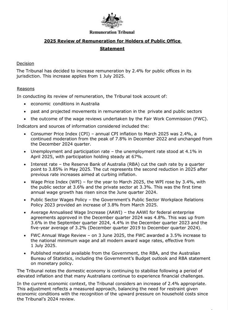 Statement from the Remuneration Tribunal on 2.4% payrise for public office holders 