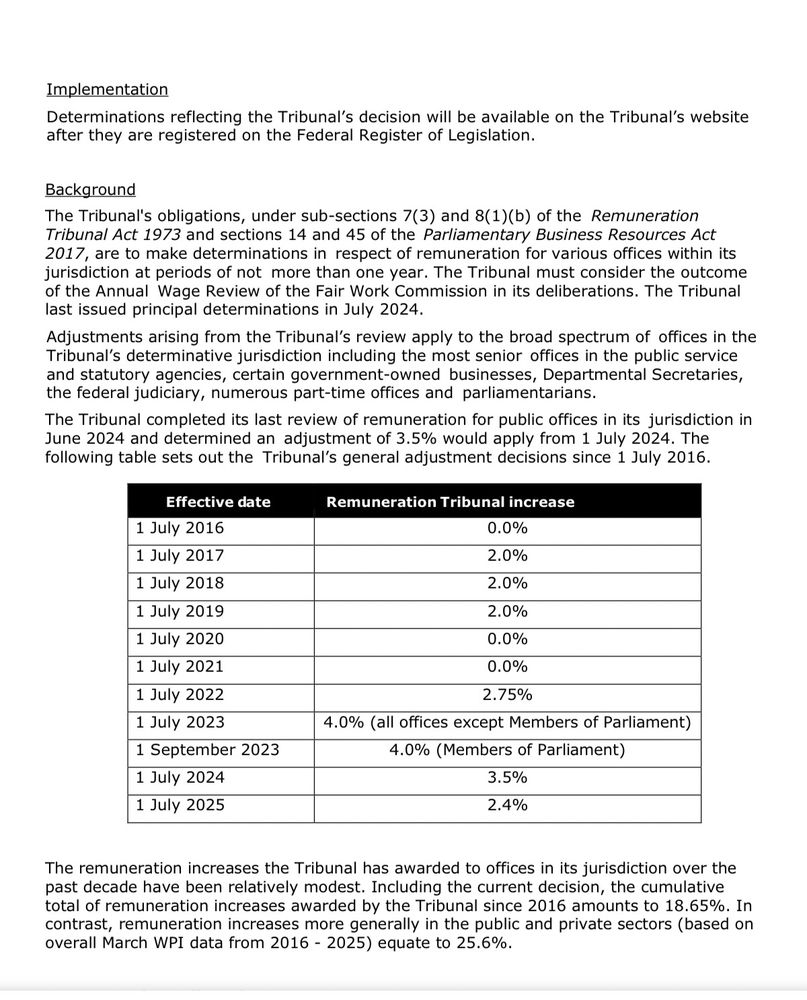 Remuneration Tribunal statement on 2.4% pay rise 
