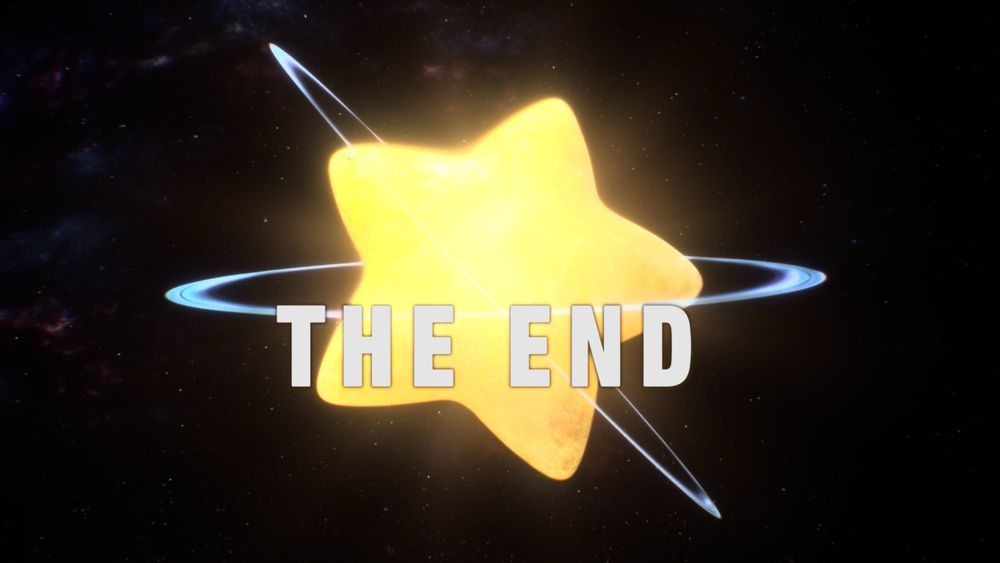 Screenshot of Kirby Air Riders showing Kirby’s home planet, the star-shaped Planet Popstar and the words ‘The End.’