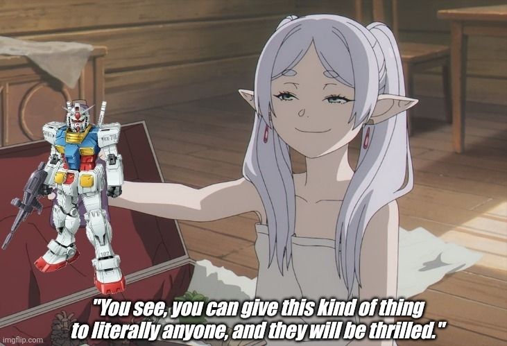 Frieren holding a RX-78 Gundam