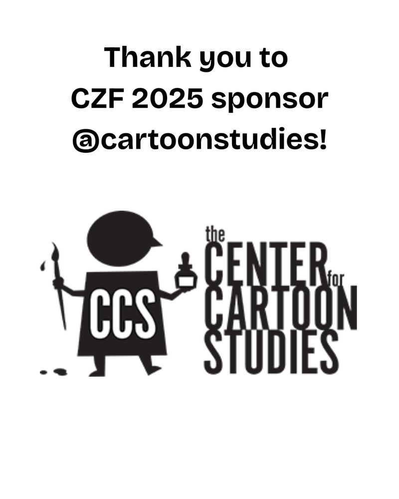 Thank you to our CZF 2025 sponsor the Center for Cartoon Studies, featuring the CCS logo of a inked character holding its own paintbrush and bottle of ink. 