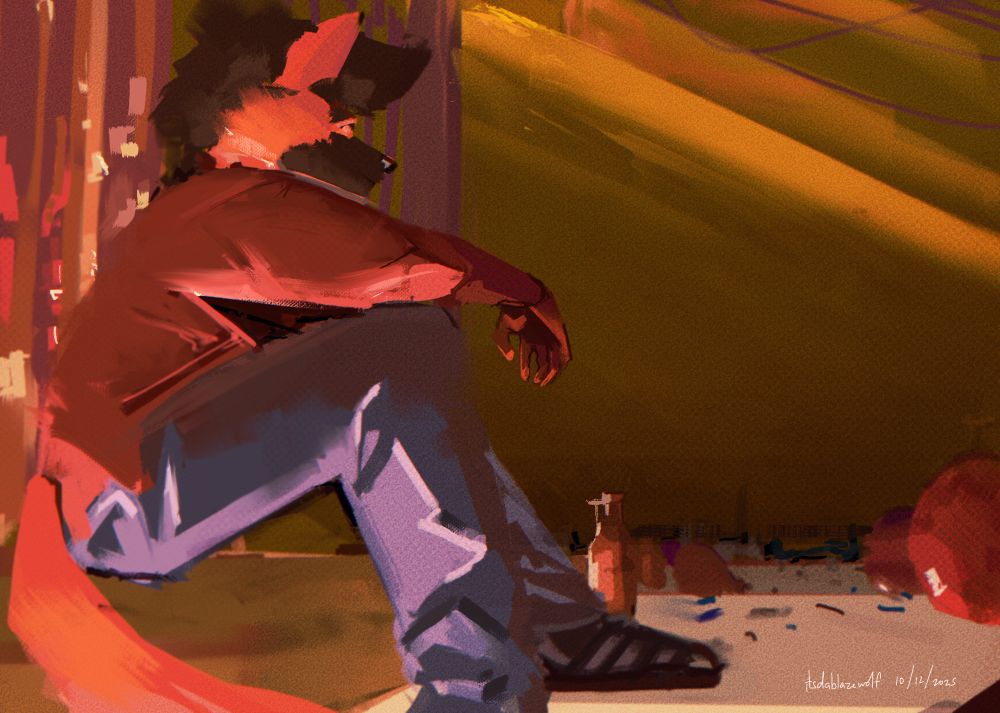 blaze sitting on the stage of a party after it finished. theres confetti and balloons all over the floor. the sun starts to rise and shine through the windows.

tag: blaze-art