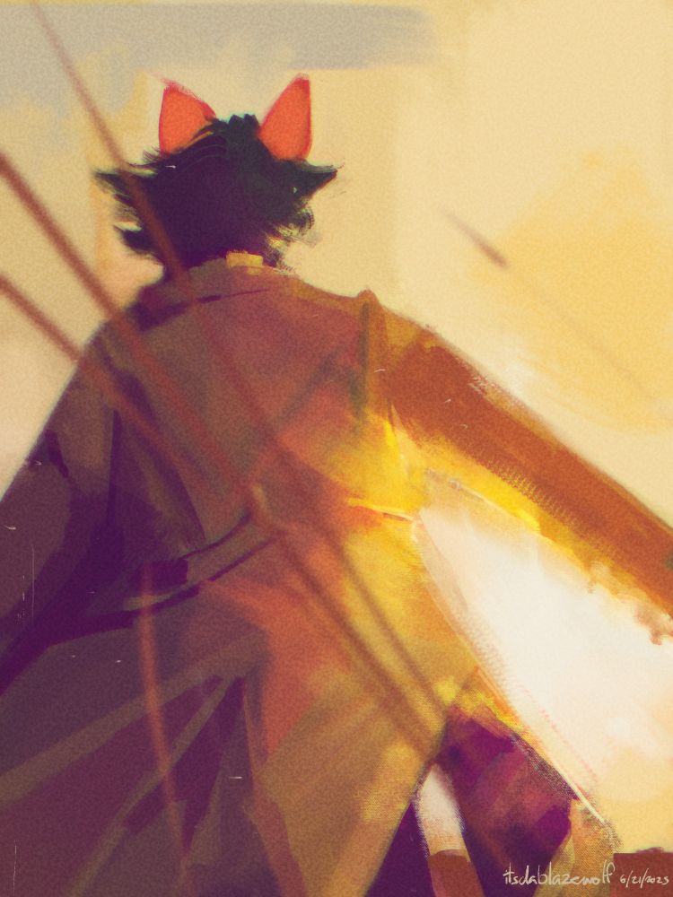 a figure turning towards the sun. specks of orange and purple shadows mark the longer haired figure. 