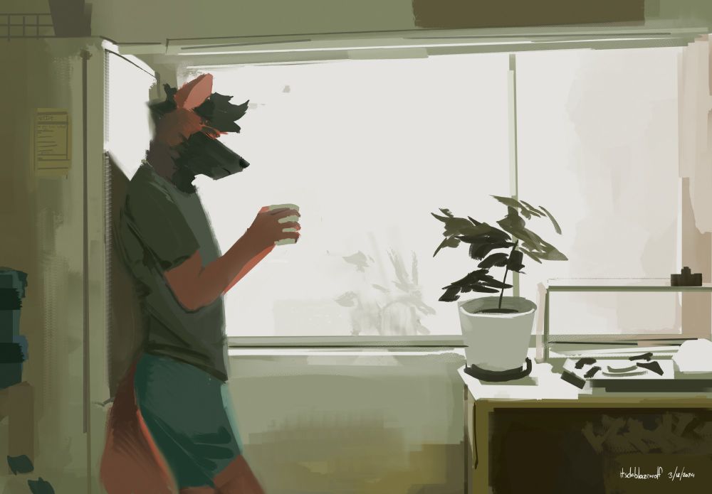 a soft scene of blaze leaning on a fridge, as the light from the window shines on him. on the other side of the painting is a table with a plant and a stove. 

tags: blaze-art