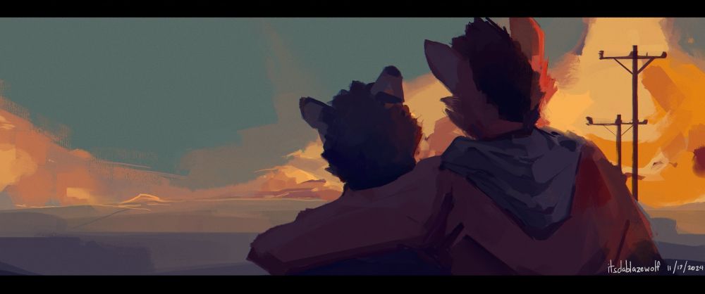 Blaze having his arm around the shoulder of a smaller figure as the sun sets in.