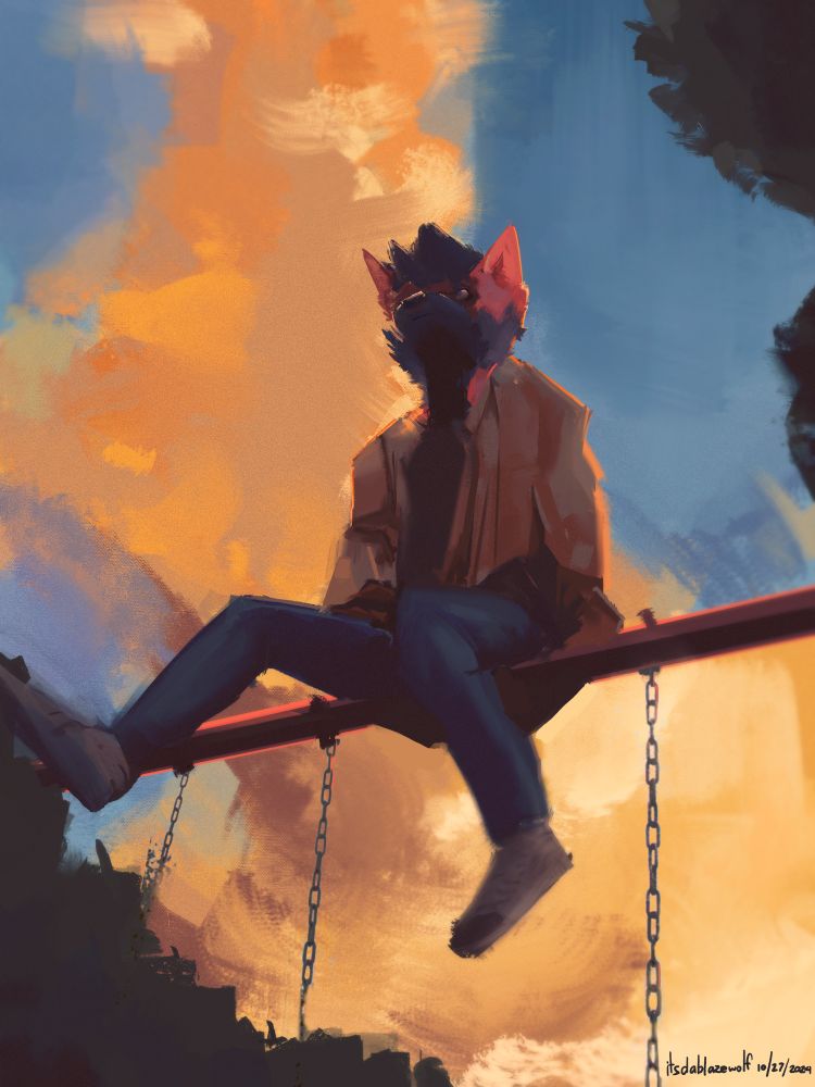 blaze sitting on the beam of a swing. the sun sets behind him.

tag: blaze-art