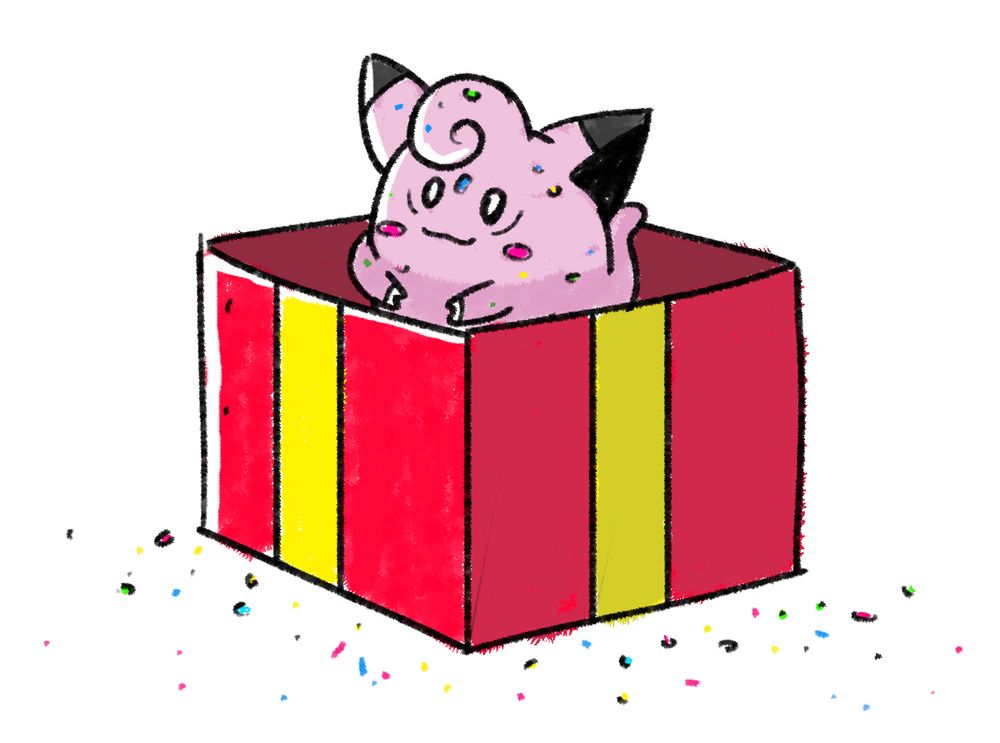 clefairy looking very chil and happy inside an open gift box. there is confetti everywhere