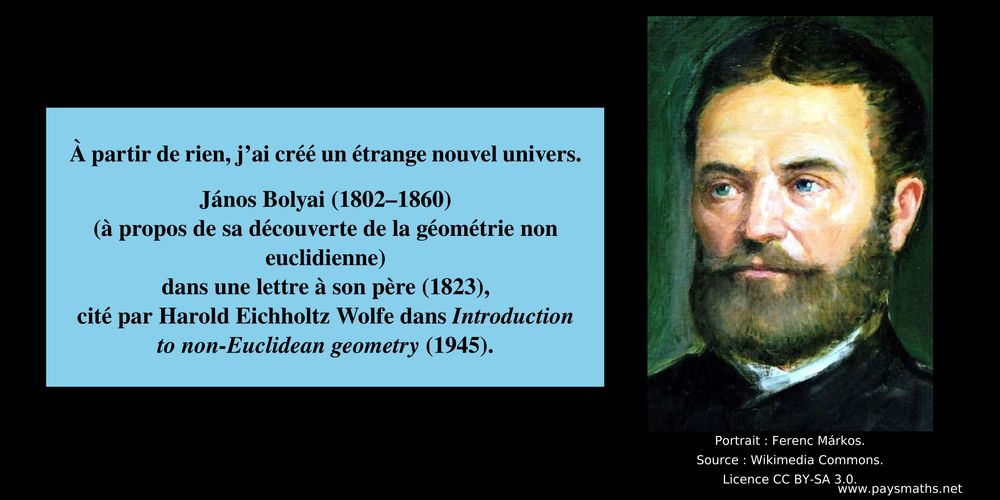 Portrait de János Bolyai, et une citation : "À partir de rien, j'ai créé un étrange nouvel univers."
