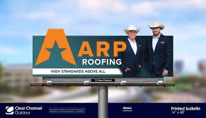 Billboard for ARP Roofing with dudes dressed like Texas Rangers