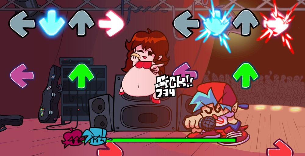 A mockup screenshot of a hypothetical Friday Night Funkin' weight gain mod, depicting Boyfriend and Girlfriend partaking in some singing practice while the latter enjoys a cheese burger.