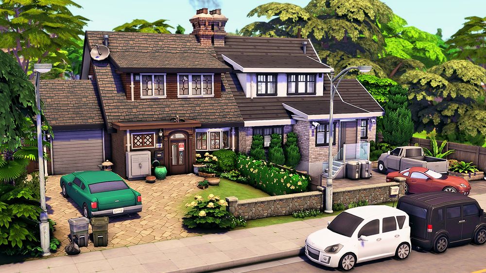 A British semi-detached styled sims home, the left house is in a traditional style whilst the right house is modernised 