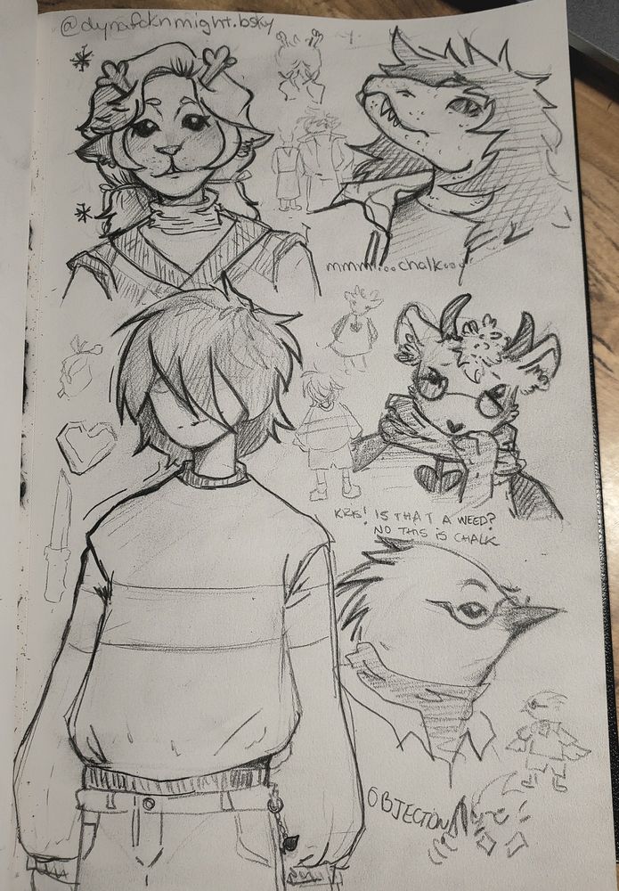 drawing of noelle, susie, ralsei, berdly and Kris from deltarune. all in pencil. 