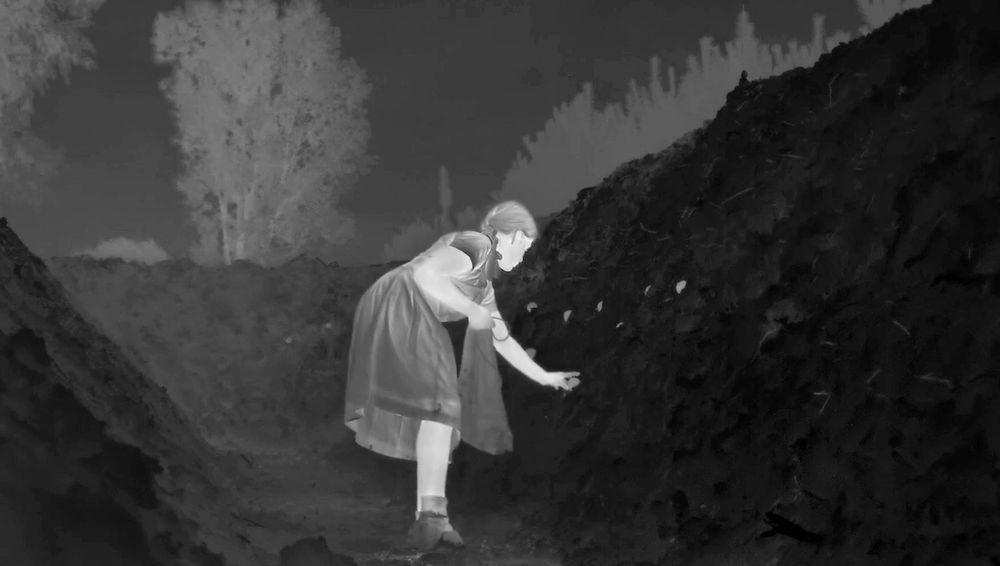 Fotograma de la película "La Zona de Interés" donde se ve una imagen en blanco y negro rodada con cámaras térmicas de "la chica que brilla" dejando fruta escondida entre la tierra de un sitio de construcción.
