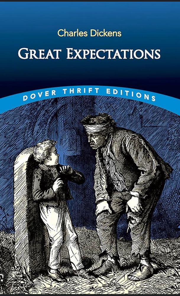 Cover of Great Expectations. Classic ink drawing of an older man confronting a young boy in a cemetery.