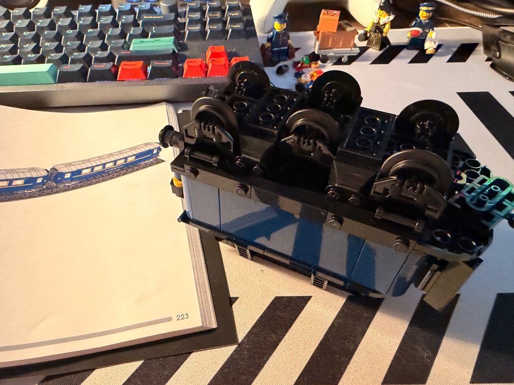 the orient express coal car, sitting upside-down on a desk and showing how the wheels can slide horizontally 