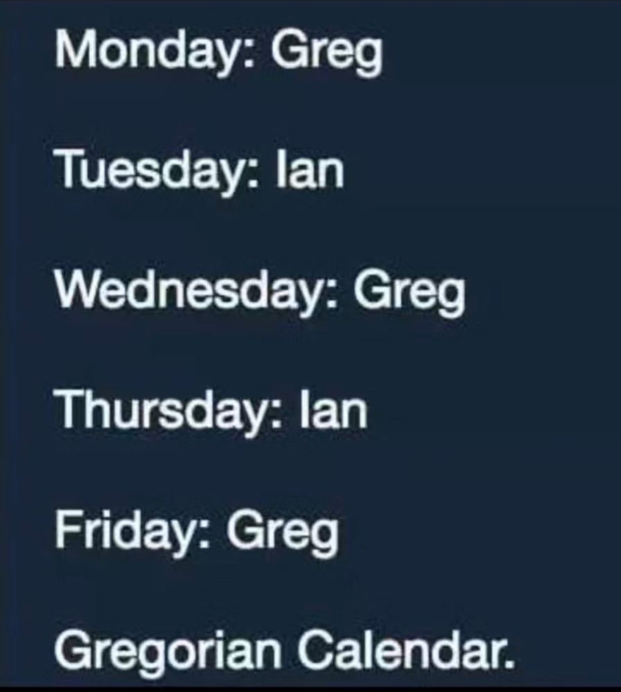 Monday: Greg
Tuesday: Ian
Wednesday: Greg
Thursday: Ian
Friday: Greg

Gregorian Calendar