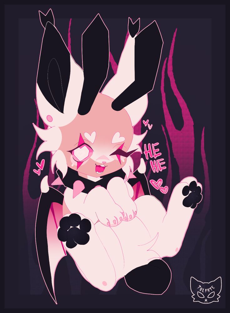 Illustration of a bat / cat / rabbit hybrid feral furry character laying on her back saying “hehe” with heart doodles surrounding her.