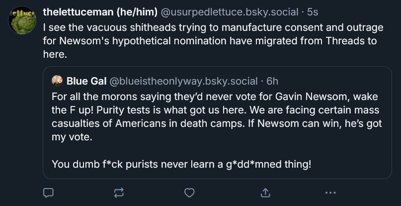 My (@usurpedlettuce) comment which reads "I see the vacuous shitheads trying to manufacture consent and outrage for Newsom's hypothetical nomination have migrated from Threads to here."

In response to Blue Gal (@blueistheonlyway)'s comment "For all the morons saying they'd never vote for Gavin Newsom, wake the F up1 Purity tests is what got us here. We are facing certain mass casualties of Americans in death camps. If Newsom can win, he's got my vote. You dumb f*ck purists never learn a g*dd*mned thing!"