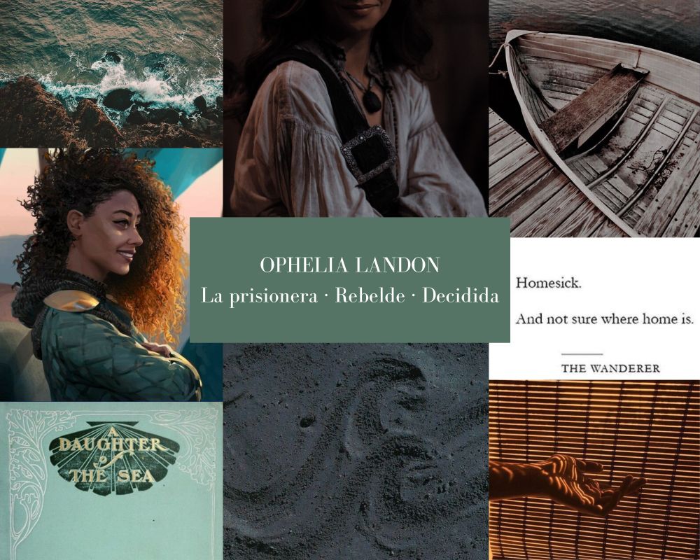 Aesthetic de Ophelia Landon, cuyo color representativo es el verde aguamarina. Las fotos representan a una chica negra con el pelo rizado y abundante, una barca de remos, la arena de la playa y las olas de mar.