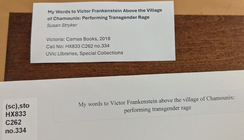 A photo of the archive indexing page for the zine "My words to Victor Frankenstein above the village of Chamounix: Performing transgender rage" by Susan Stryker 