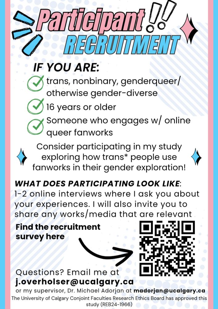 Participant recruitment flier for a study exploring how trans* people use fan works in their gender exploration. It lists participation eligibility as if you are: 1) trans, nonbinary, genderqueer/otherwise gender-diverse, 2) 16 years or older, and 3) someone who engaged with online queer fan works. It also describes participation as involving 1-2 online interviews where the researcher will ask about your experiences. The researcher will also invite you to share any works/media that are relevant. A QR code is included that links to the recruitment survey (and the link is in the post). It also includes the email of the researcher (j.overholser@ucalgary.ca) if you have any questions. 
