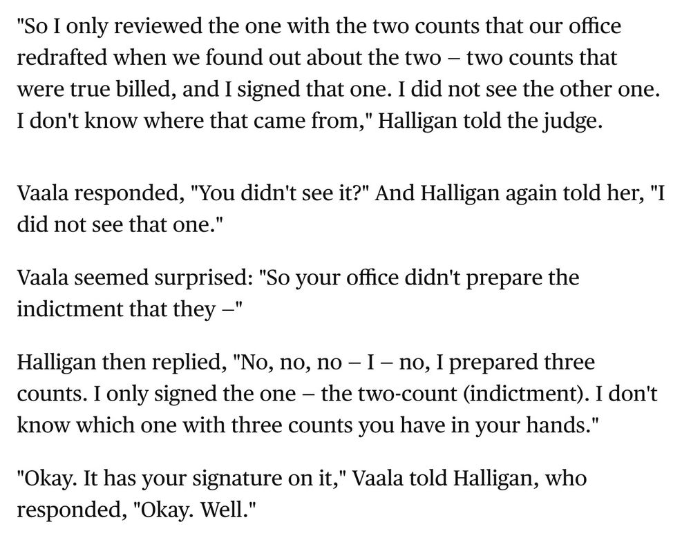 Excerpt of Lindsey Halligan in conversation with Judge Vaala on the Comey indictment trying to clarify why her signature is on a document she claimed she didn’t remember. Her response: Okay. Well.