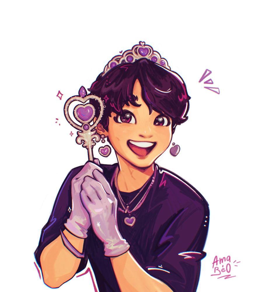 Drawing of princess Choi Minho wearing a heart shaped tiara and heart shaped earrings and holding his heart shaped wand like the princess he is fr. 