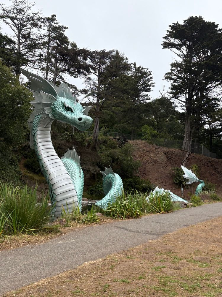 Photo of sea monster sculpture in Golden Gate Park from front 
